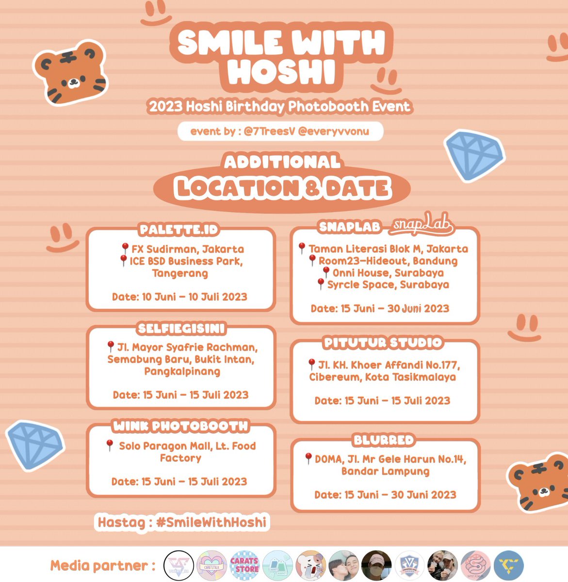 caratstalk's tweet photo. π―πππππ ππππ ππππππ―
2023 Hoshi Birthday Photobooth Event
Event by: @7TreesV & @everyvvonu
ποΈπdetails on poster
tiap lokasi tanggalnya berbeda ya jadi cek lagi diposternyaπ€
share your moment and tag us β‘
#SmileWithHoshi https://t.co/h9EjtA0yOJ