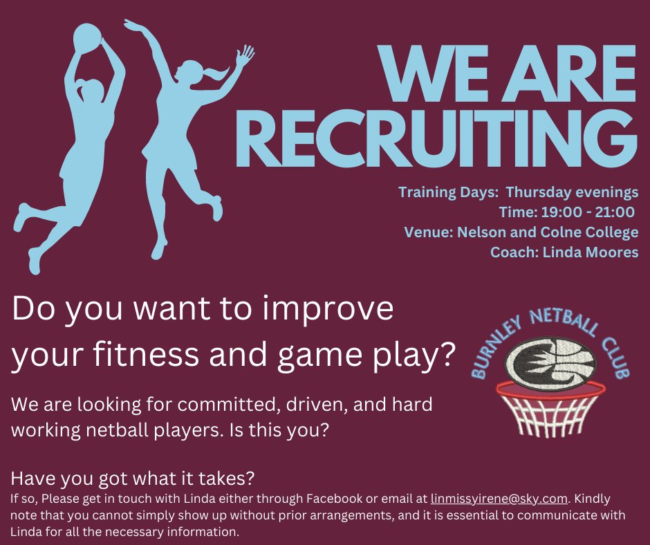 BURNLEY NETBALL SENIORS ARE RECRUITING 😊 We are looking to expand our squad for the 2023/2024 season.  #Netball #Burnley #Champs2 #Squad 

Training Days - Thursday 
Nelson &amp; Colne College
Coach - Linda Moores 👧🏼