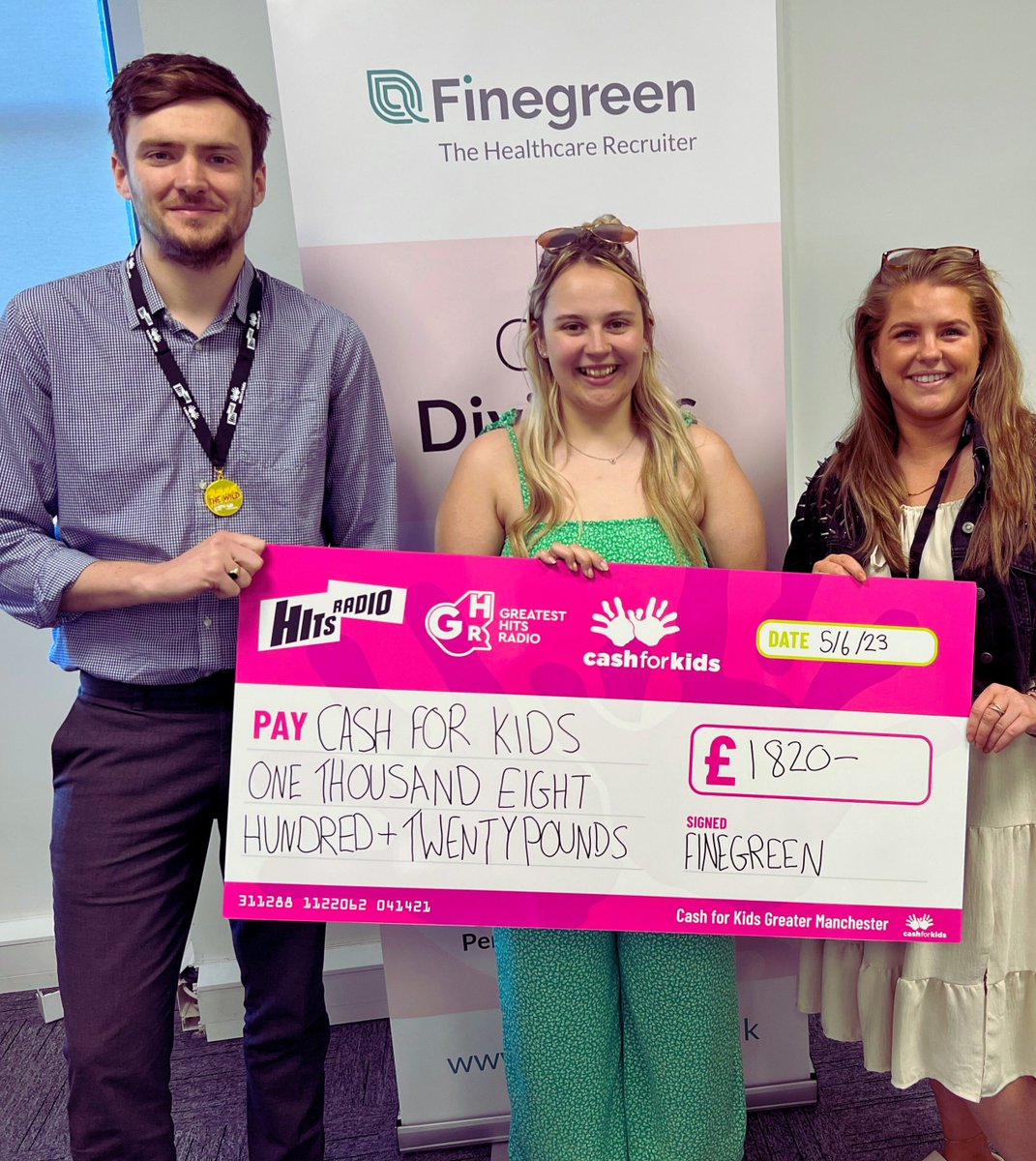 We were delighted to be joined by Lucy Summerton from <a href="/hitsradiouk/">Hits Radio</a> who accepted our cheque of £1,820 for the #CashforKids charity.
Congratulations to Finegreen's Sean and Olivia, who recently undertook the ‘Survive the Wild Challenge’ to help raise funds for this fantastic cause.