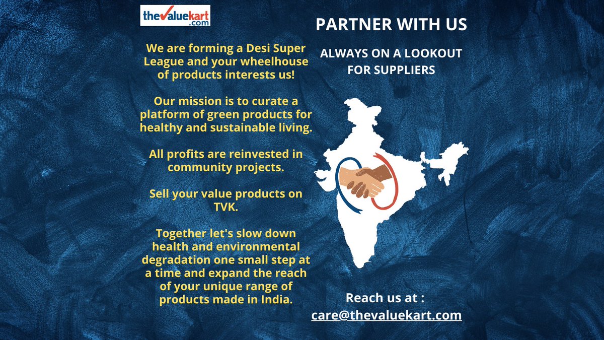 Suppliers Partner With Us!

thevaluekart.com
Reach us at - care@thevaluekart.com

#sellwithus #partnerwithus #supplierswanted #growwithus #businessgrowth #organicproductsindia #supportsmallbusiness #gogreen #makeinindia #sustainableproducts #healthylifestyle #freeshipping