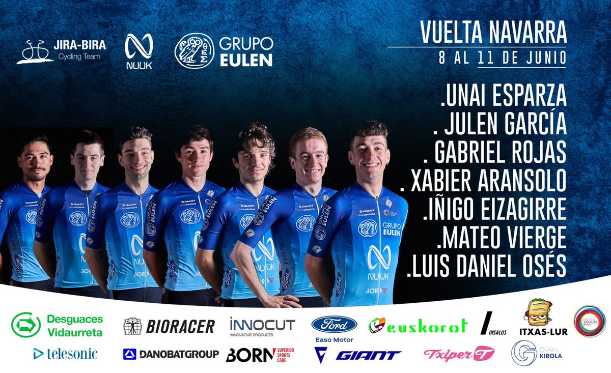 Mañana comienza <a href="/Vuelta_Navarra/">Vuelta Ciclista a Navarra</a> y estos eran nuestros representantes.

💪💪

#EspirituEulen
#SumandoExperiencias

<a href="/TelesonicAv/">Telesonic</a> 
<a href="/DANOBATGROUP/">DANOBATGROUP</a> 
<a href="/bioracer/">bioracer</a> 
<a href="/born_es/">Born.es</a> 
<a href="/easomotor/">Ford Easo Motor</a> 
<a href="/Giant_ESP/">Giant Ibérica</a> 
<a href="/insalus1888/">INSALUS</a> 
<a href="/Itxaslurtaberna/">Itxas-lur Taberna</a> 
<a href="/ZBizia/">Kirola Zarautz Bizi bizia</a> 
@zarauzkohitza