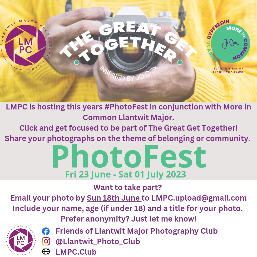 11 days left to get your entry in for #PhotoFest as part of  #GreatGetTogether 

Theme of BELONGING & COMMUNITY 💜

Get clicking & let's see what you've got! 📸

#llantwitmajor #photography @JoCoxFoundation #moreincommon #community @GlamorganStar @great_together @moreincommonll1