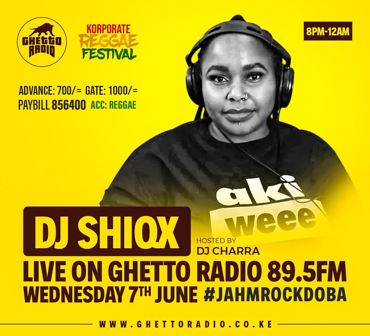 @GhettoRadio895 tonight  8pm to midnight on the dex will be one and only Reggae DJ @DJShiqx alongside @CharraDeejay ghettoradio.co.ke @nicmuhando #JamrockDoba and Remember to book your #KorporateReggae tickets today .
Paybill:856400 Acc: REGGAE
Advance Tickets @ksh700