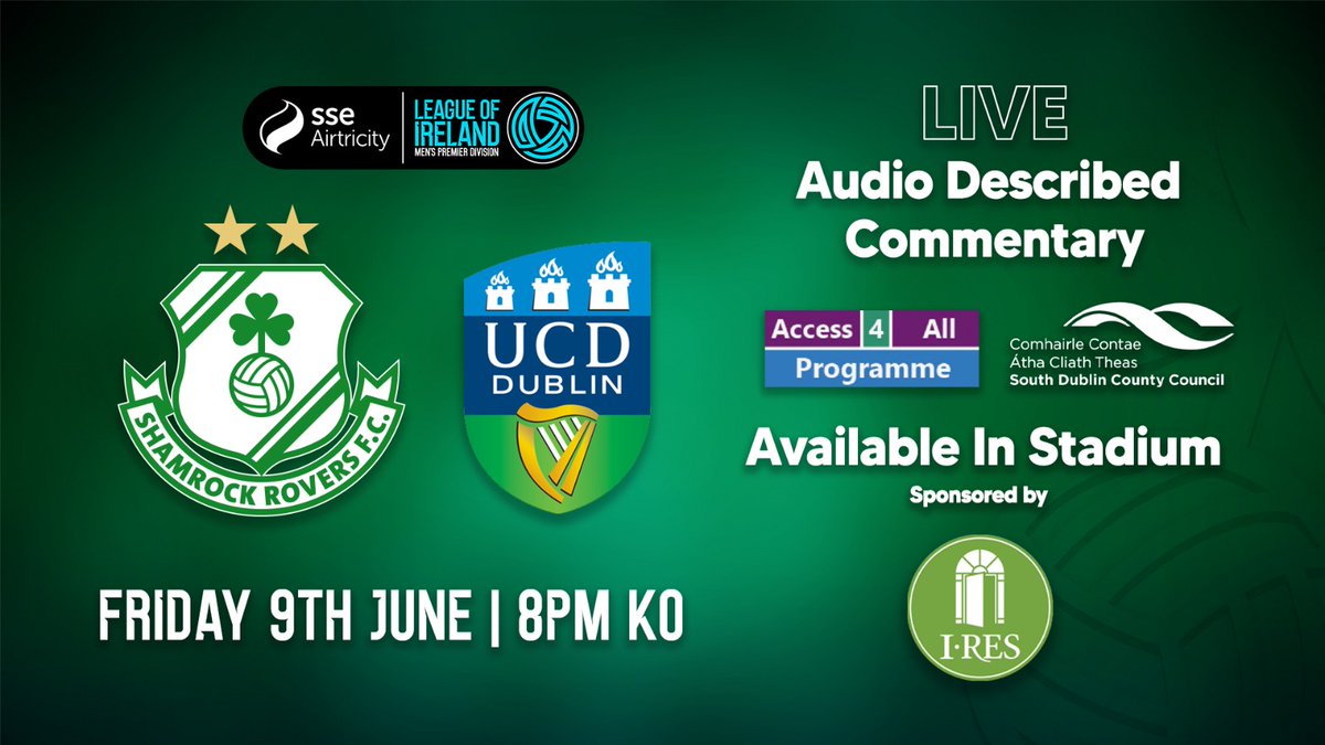 Shamrock Rovers FC (@shamrockrovers) on Twitter photo 🎧 Headsets providing Audio Described Commentary are available for visually impaired fans at Friday's game v UCD at <a href="/tallaghtstadium/">Tallaght Stadium</a>
This initiative is part of SRFC's inclusivity work supported by <a href="/sdublincoco/">SDCC</a>, <a href="/NCBIDayServices/">NCBI Day & Hub Services</a> & IRES
Tickets 📩 info@shamrockrovers.ie 🎧 Headsets providing Audio Described Commentary are available for visually impaired fans at Friday's game v UCD at <a href="/tallaghtstadium/">Tallaght Stadium</a>
This initiative is part of SRFC's inclusivity work supported by <a href="/sdublincoco/">SDCC</a>, <a href="/NCBIDayServices/">NCBI Day & Hub Services</a> & IRES
Tickets 📩 info@shamrockrovers.ie