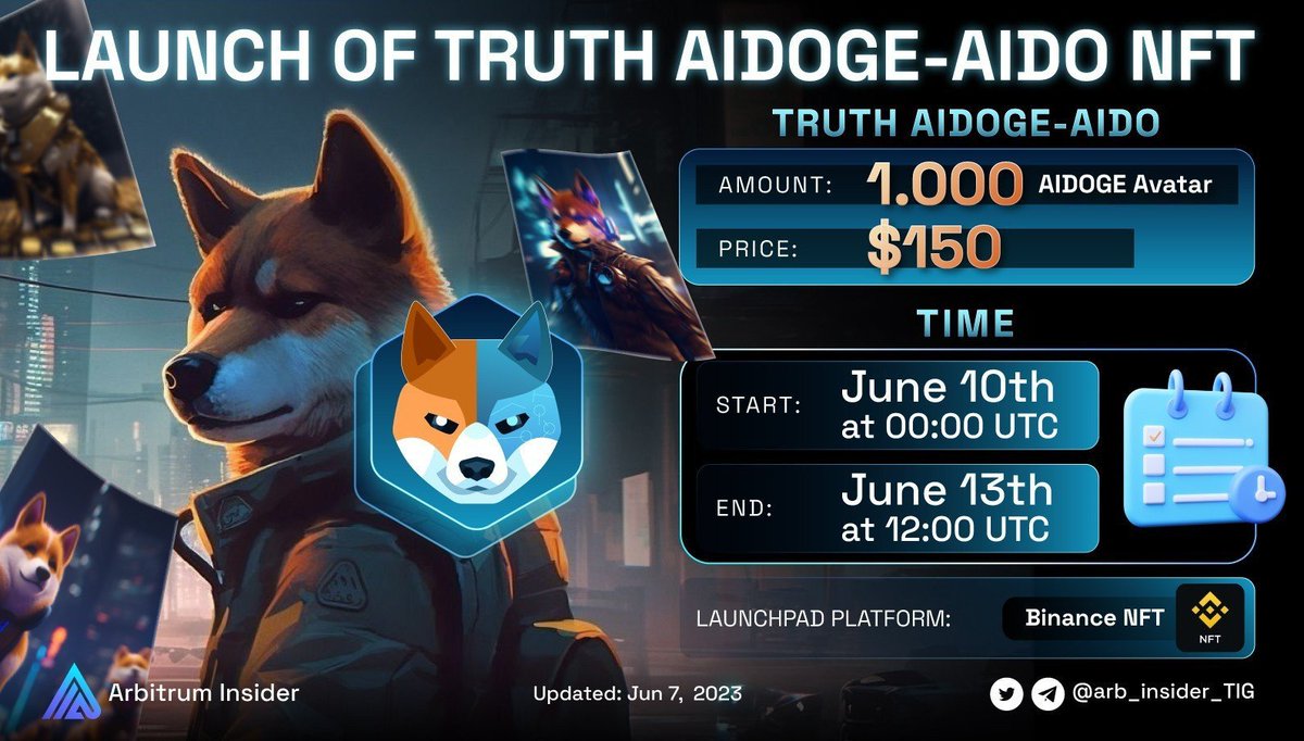 ✨Embark on a thrilling journey with the launch of Truth AIDoge-AID NFT on <a href="/TheBinanceNFT/">Binance NFT</a>. 

Immerse yourself in a world where art and AI converge, and explore the captivating digital collectibles crafted by <a href="/ArbDogeAI/">.</a> 🔥

🔎Visit the landing page below to join the excitement: