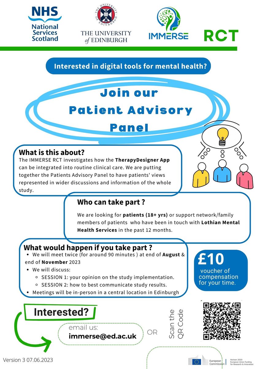 We are looking for patients/volunteers to join our Patient Advisory Panel for @immerse_project. Please share and retweet with your network @NRS_MH @NHSResearchScot #digitalmentalhealth