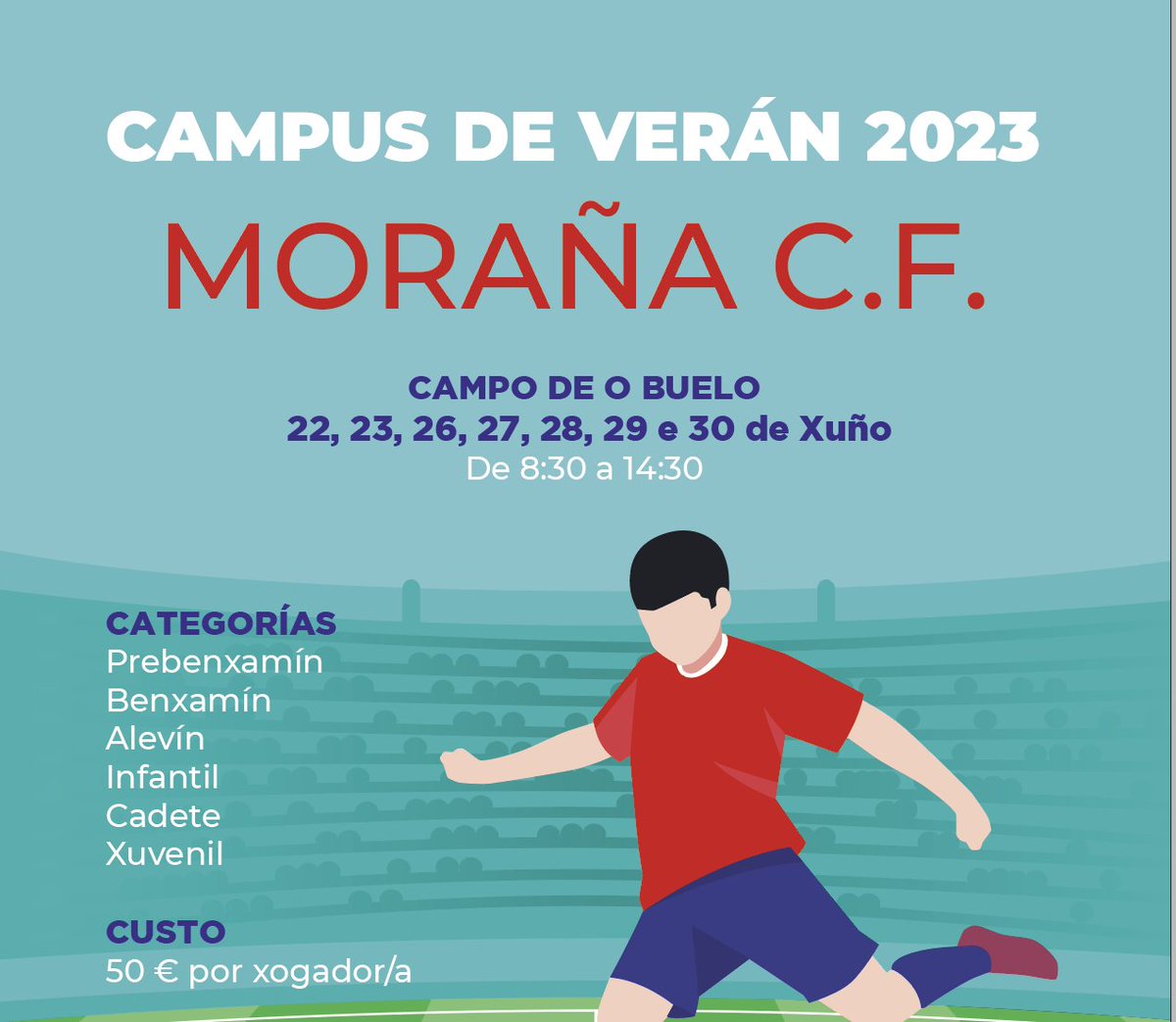 ⚽ 𝗖𝗔𝗠𝗣𝗨𝗦 𝗗𝗘 𝗩𝗘𝗥𝗔́𝗡 I Xa vos podedes anotar ao noso Campus de Verán!! Para todas as categorías, do 22 ao 30 de Xuño.

👉 Información:  moranacf.com/campus-de-vera…

👉 Reserva: ow.ly/ox0t50OHG6R

#VamosMoraña #FutbolBase #CampusMorañaCF