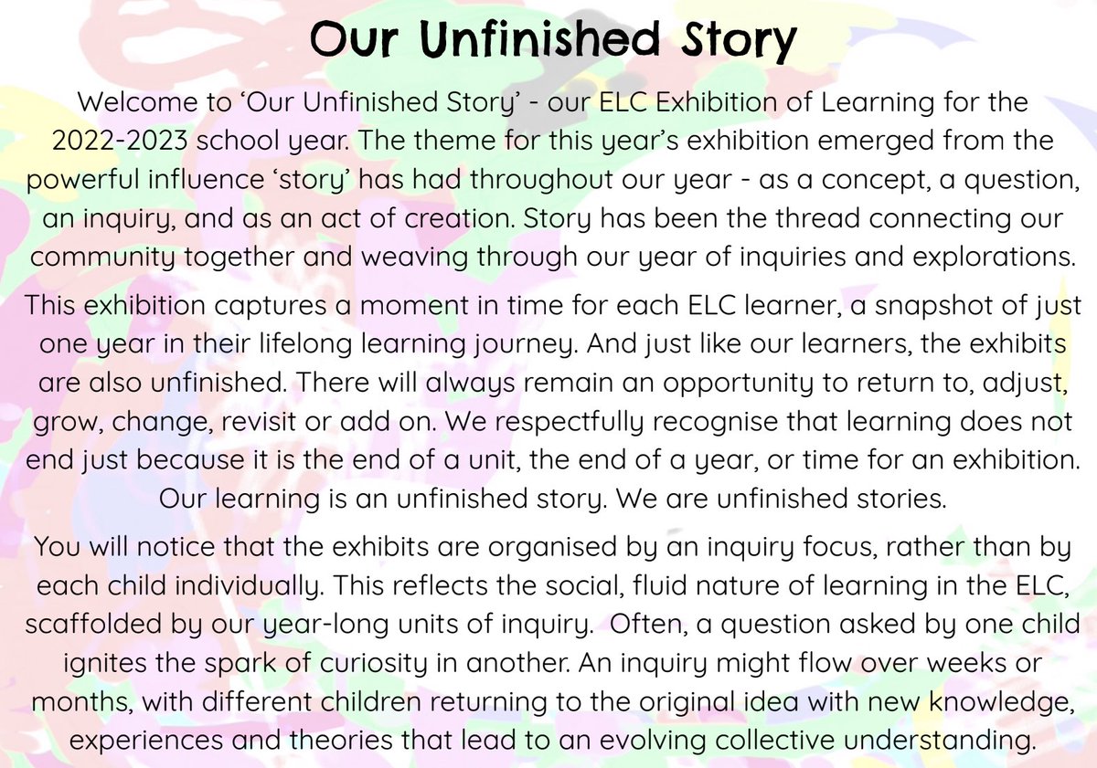 YIS_ELC's tweet image. ELC EXHIBITION: Throughout the process of curating the exhibition this idea of an unfinished story kept coming to the surface. It became a powerful frame on which to hang the learning process. #yislearning #play #pyp #earlyyears #stories #exhibition #processnotproduct