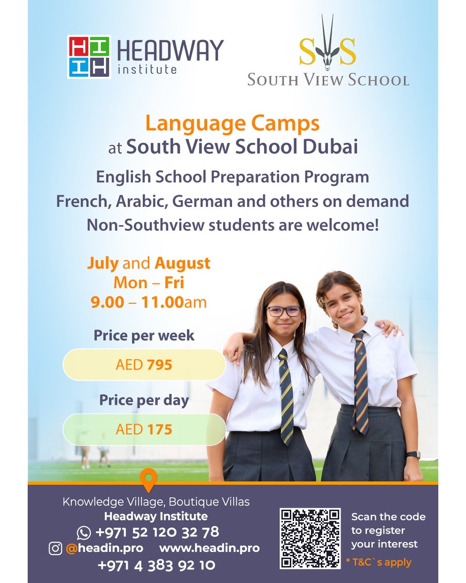 Language Summer Camps in SVS! 

Headway Institute is thrilled to announce Language Camps for French, Arabic, German, and others on demand this summer, along with an English School Preparation Programme at South View School. 

#HeadwayInstitute #SouthViewSchool #SummerProgrammes