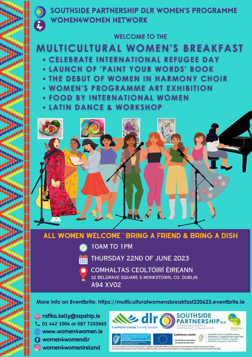 DLRPPN's tweet photo. @SSP_DLR The women4women Network and Southside Partnership Women's Programme invite you to the Multicultural Women's Breakfast to celebrate International Refugee Day on June 22nd '23. All Women Welcome - Bring a Friend * Bring a Dish. See flyer for details. https://t.co/V6QChkpd6u