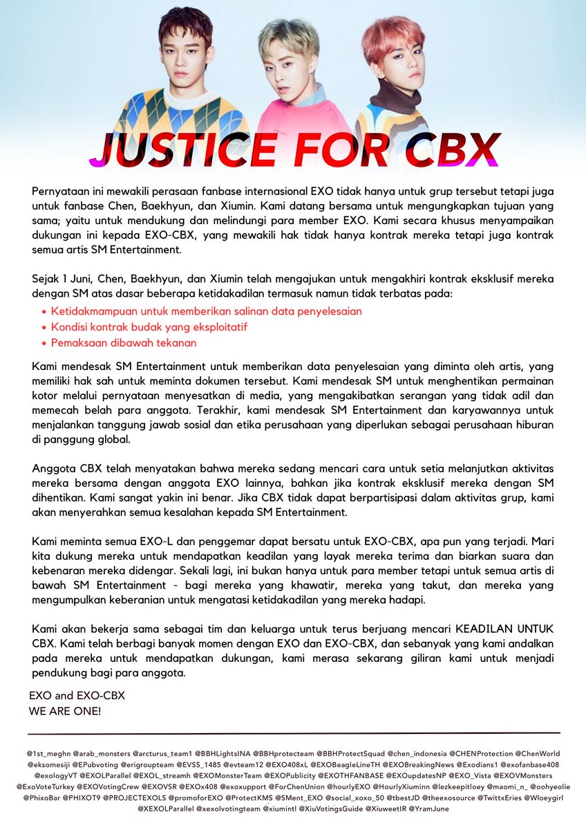 EXOBreakingNews's tweet photo. Fanbases Statement in Indonesian,Spanish , Persian &amp; Arabic.Korean translation is in process. We will release it later to target KEXOLs &amp; General Publics

Pls RT, use HTs &amp; tag SM‼️so it can spread to lots of EXOls &amp; so all people around the world can know abt SM's mistreatment!! https://t.co/Um95eMrR0M