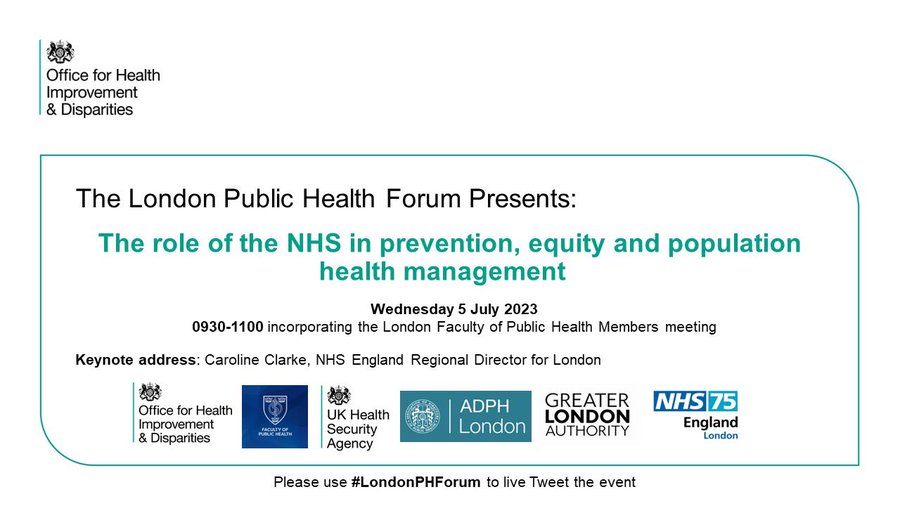 Health professionals - don't miss the next #LondonPHForum on 5 July. 
We’ll be joined by new @NHSEnglandLDN Regional Director, Caroline Clark to discuss prevention, equity & population health management in the NHS, on its 75th birthday! #NHS75
Sign up 👉🏽 bit.ly/3J1QoBj