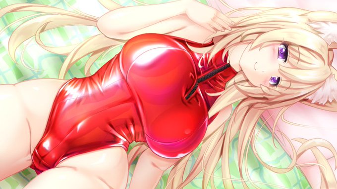 真っ赤なラバー水着がそのオパイでパツパツになっちゃってるアカネさん絵 #オリジナル 