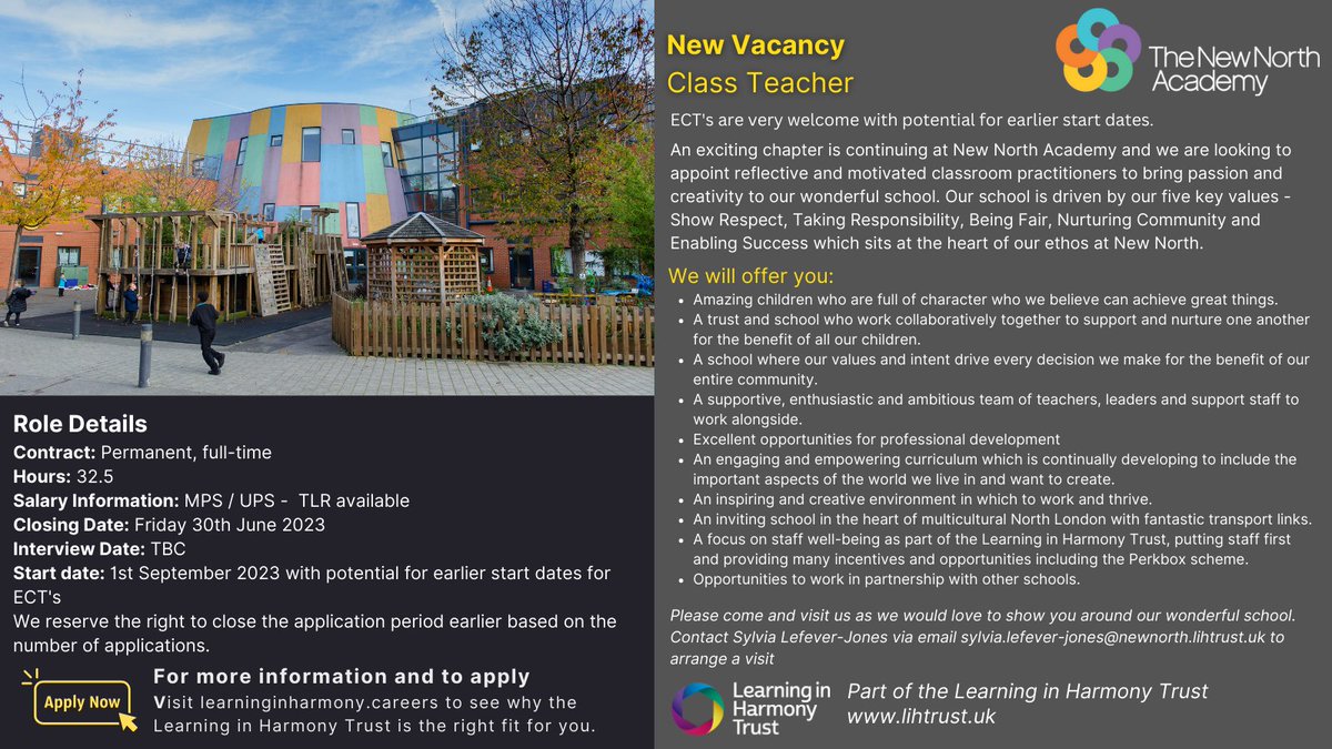 lihtrust's tweet photo. Join the wonderful team at @NewNorthAcademy! We're seeking a teacher for New North Academy - an exciting and vibrant primary school in Islington. To find out more and apply online visit https://t.co/SuHzBLTTvE. #EduTwitter #London #TeacherJobs #ECT #ECTJobs https://t.co/uCbZKp0B9I