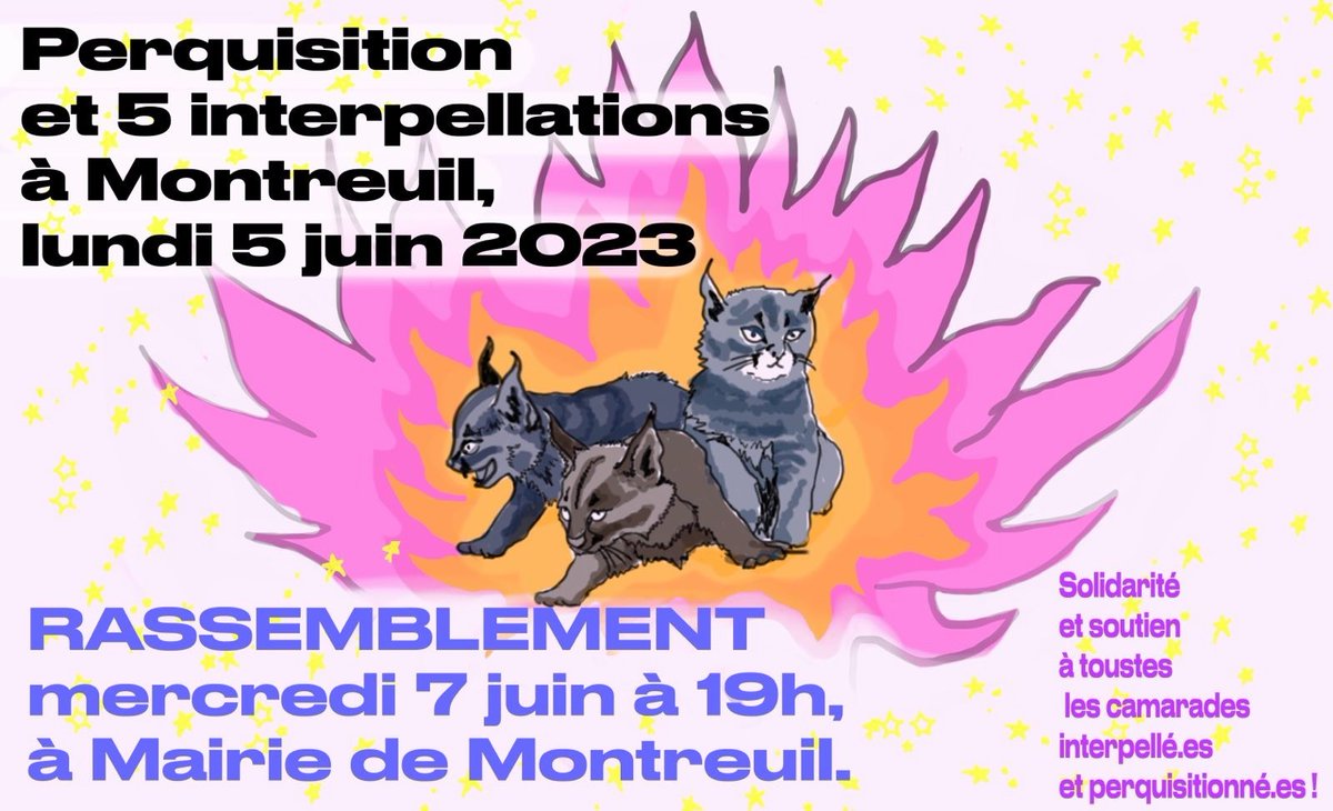 ⚡ Perquisition et 5 interpellations à Montreuil, lundi 5 juin 2023 ⚡ En soutien aux copain.es interpellés. Face à l'offensive fasciste de l'état ne nous laissons pas faire ! Défendons nos droits