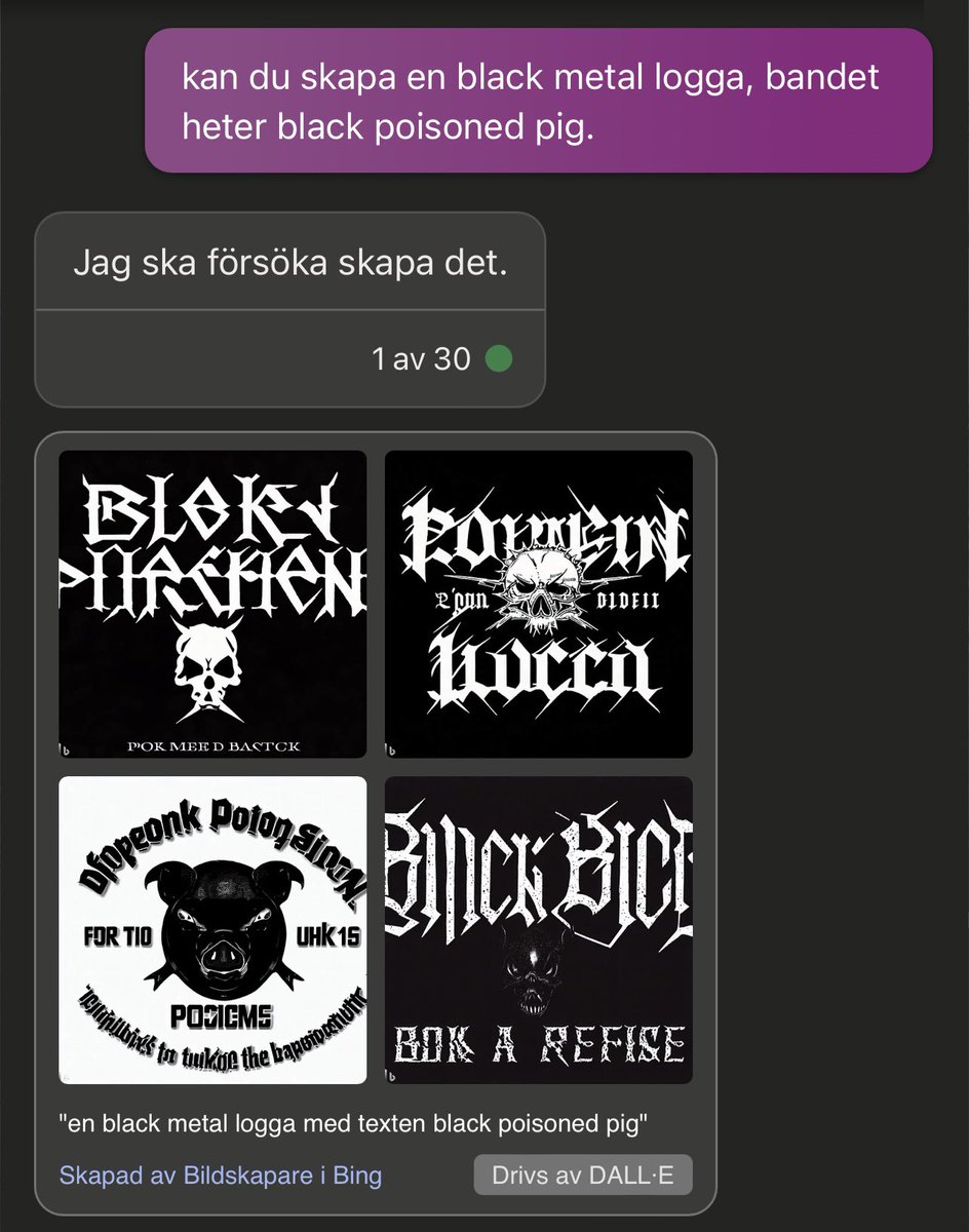 blueberryOlle's tweet photo. Mitt första och sista försök till att låta Bing skapa en black metal logga☹️ #Bing #blackmetal https://t.co/rgPJXv73z8