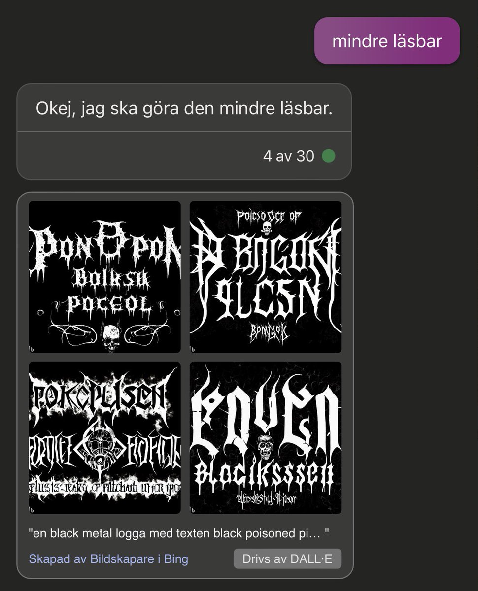 blueberryOlle's tweet photo. Mitt första och sista försök till att låta Bing skapa en black metal logga☹️ #Bing #blackmetal https://t.co/rgPJXv73z8