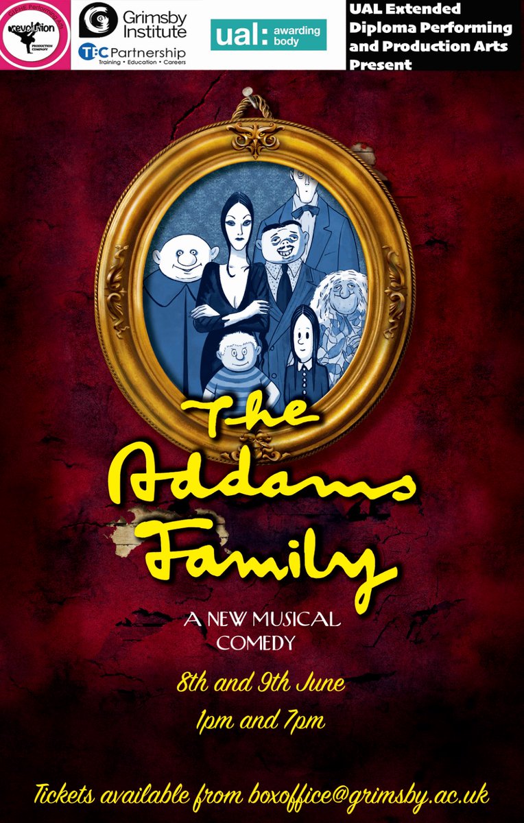 Grimsby Institute (@gifhe) on Twitter photo This week our Level 3 #PerformingArts students will be performing Addams Family on 8th and 9th June!
Seats are available for our 1pm performance on 8th and both our 7pm performances.
Tickets are free, to book email boxoffice@grimsby.ac.uk This week our Level 3 #PerformingArts students will be performing Addams Family on 8th and 9th June!
Seats are available for our 1pm performance on 8th and both our 7pm performances.
Tickets are free, to book email boxoffice@grimsby.ac.uk