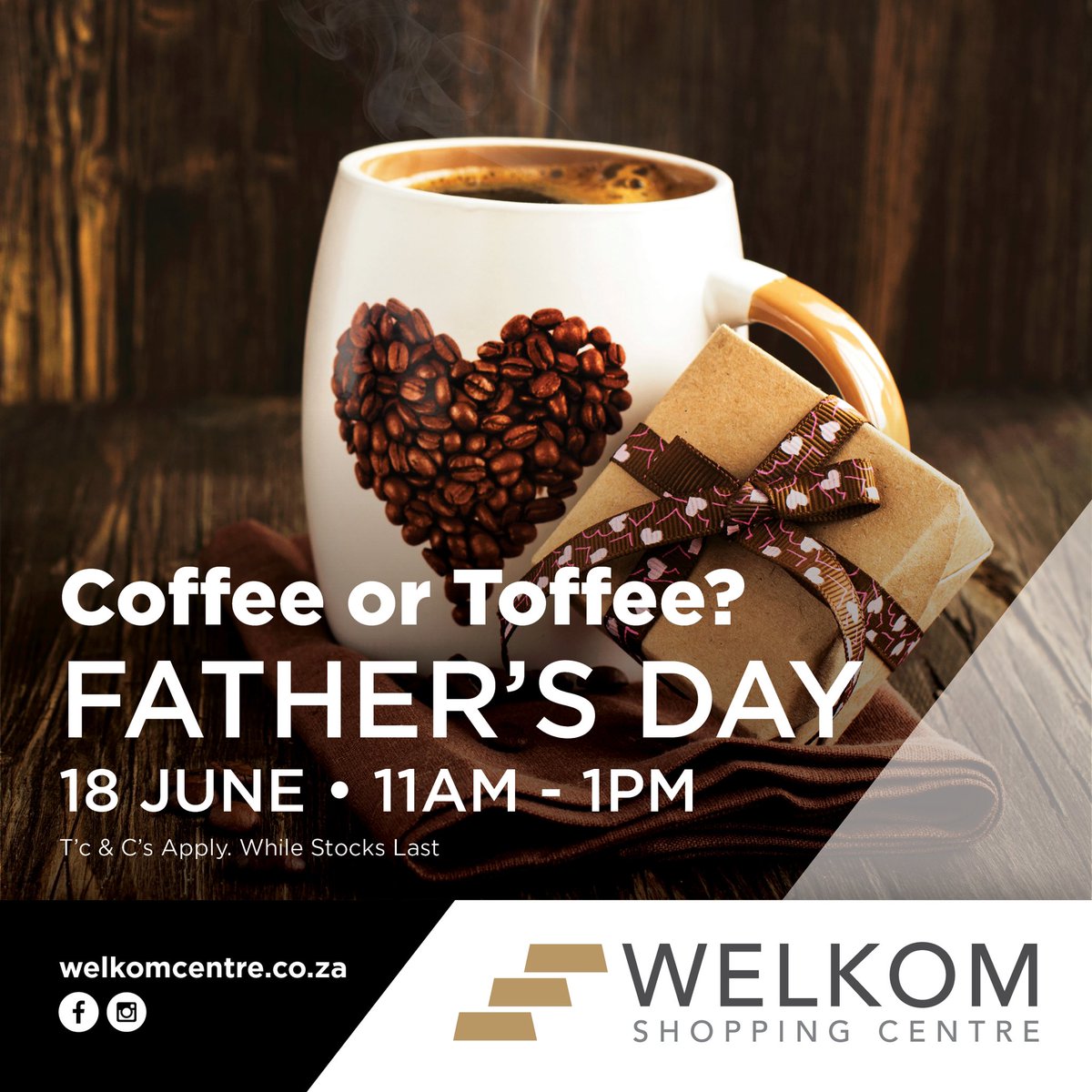 WelkomCentre's tweet photo. Are you a Toffee or Coffee Dad? 
Sweet or Strong, whatever your preference, we’ve got you covered☕️🍬
Shop with us on 18 June 2023 between 11am- 1pm and you could receive a delicious coffee sachet or toffee pack from us!
T's &amp; C's Apply | While stocks last

#WelkomShoppingCentre https://t.co/bftgdJqDcp