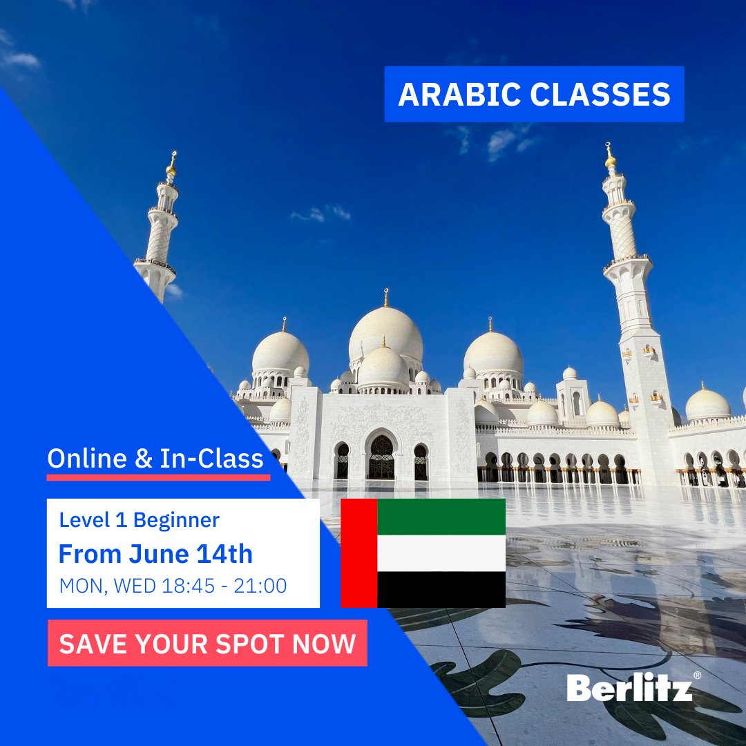 BerlitzAE's tweet photo. It's time you started learning Arabic!
Join our conversational Arabic course, focusing on communicating in everyday life conversations and learning the basic grammar and foundations of Arabic.

Contact us now to save your spot at 044572263 https://t.co/A9ESUzoa5L