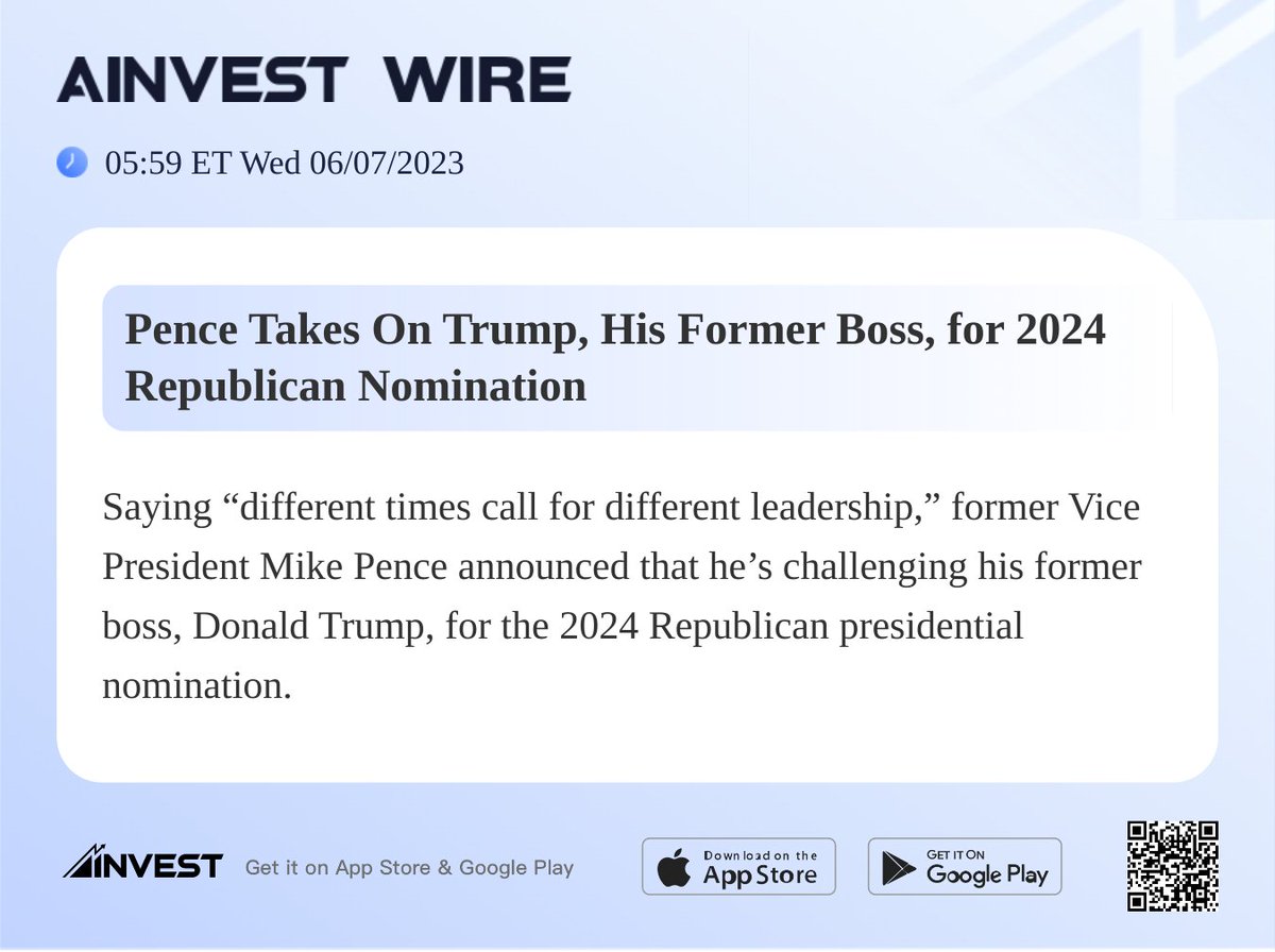 Pence Takes On Trump, His Former Boss, for 2024 Republican Nomination
#AInvest #Ainvest_Wire #Election2022 #Midterms2022 #MidtermElections2022
View more: bit.ly/3X4l0XC