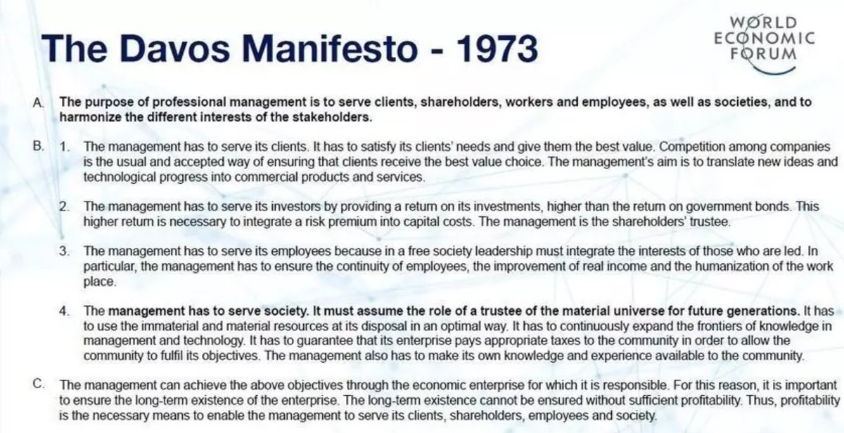 A reminder: The Davos Manifesto - 1973
No. 4: The management has to serve society. It must assume the role of a trustee of the material universe for future generations.

CEI's = Elimination of the middle class - Landgrab!