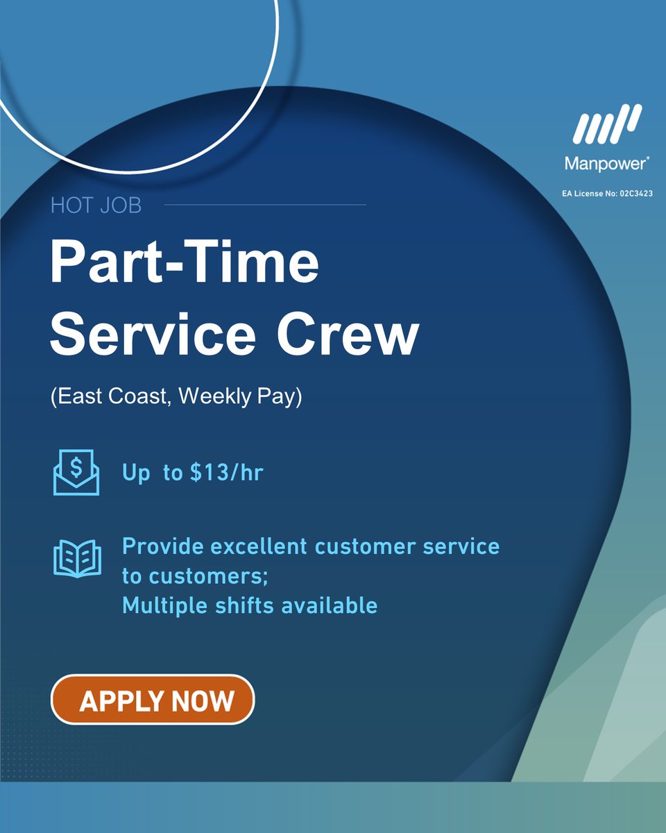 🔗𝙏𝙊 𝘼𝙋𝙋𝙇𝙔: manpower.com.sg/job/13-dollars…

#Hiring: Part-time Service Crew
💰 Up to $13/hr, Weekly pay
➡️ Serve and clear food items
➡️ Multiple shifts available
📍 East Coast

#ManpowerJobs #jobsearch #recruiting #jobshiring #parttime #PTjobs #tempjobs #servicecrew #fnbjobs