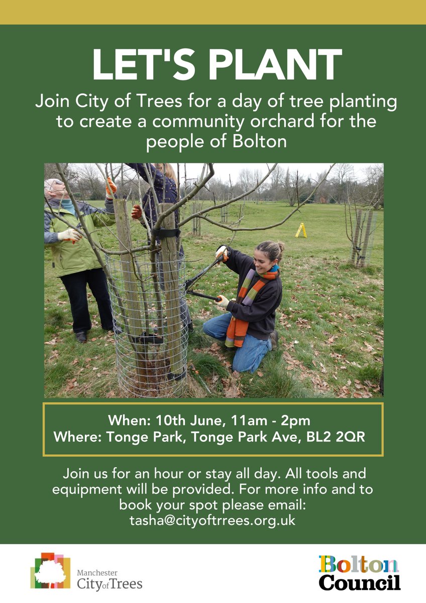 boltoncouncil's tweet photo. Join City of Trees for a day of tree planting to create a community orchard for the people of Bolton.🌳

🗓10th June
🕐11am - 2pm
📍Tonge Park, Tonge Park Ave, BL2 2QR

For more info and to book your spot please email: tasha@cityoftrees.org.uk https://t.co/72HhrsE4iX