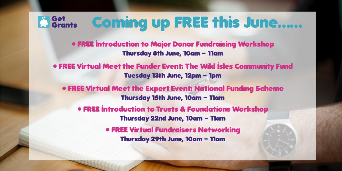 Do you know we've got all of this free virtual events on offer this Summer? ☀️😎

Book on for FREE by visiting...
getgrants.org.uk/virtual-events/

#GetGrants #WednesdayWisdom
