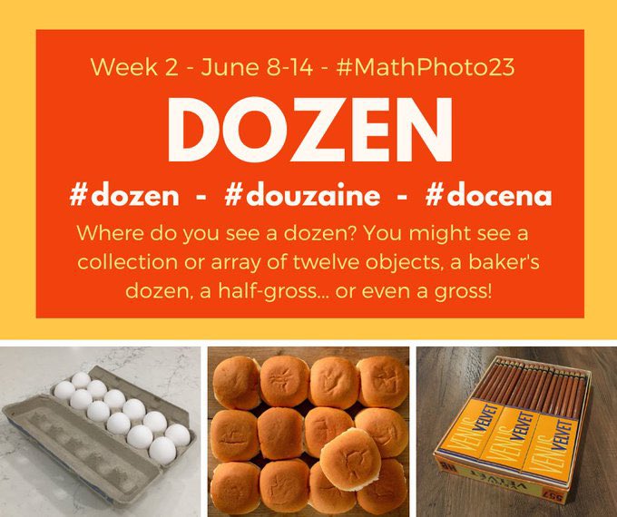heidi_schnabel's tweet photo. Welcome to Week 2 of #MathPhoto23! Where do you see a #dozen? You might see a collection or array of twelve objects, a bakerβs dozen, a half-gross or even a gross. Take photos & share to Twitter using hashtags #MathPhoto23 and #dozen. #MTBoS #ITeachMath https://t.co/KwmsGzK80e