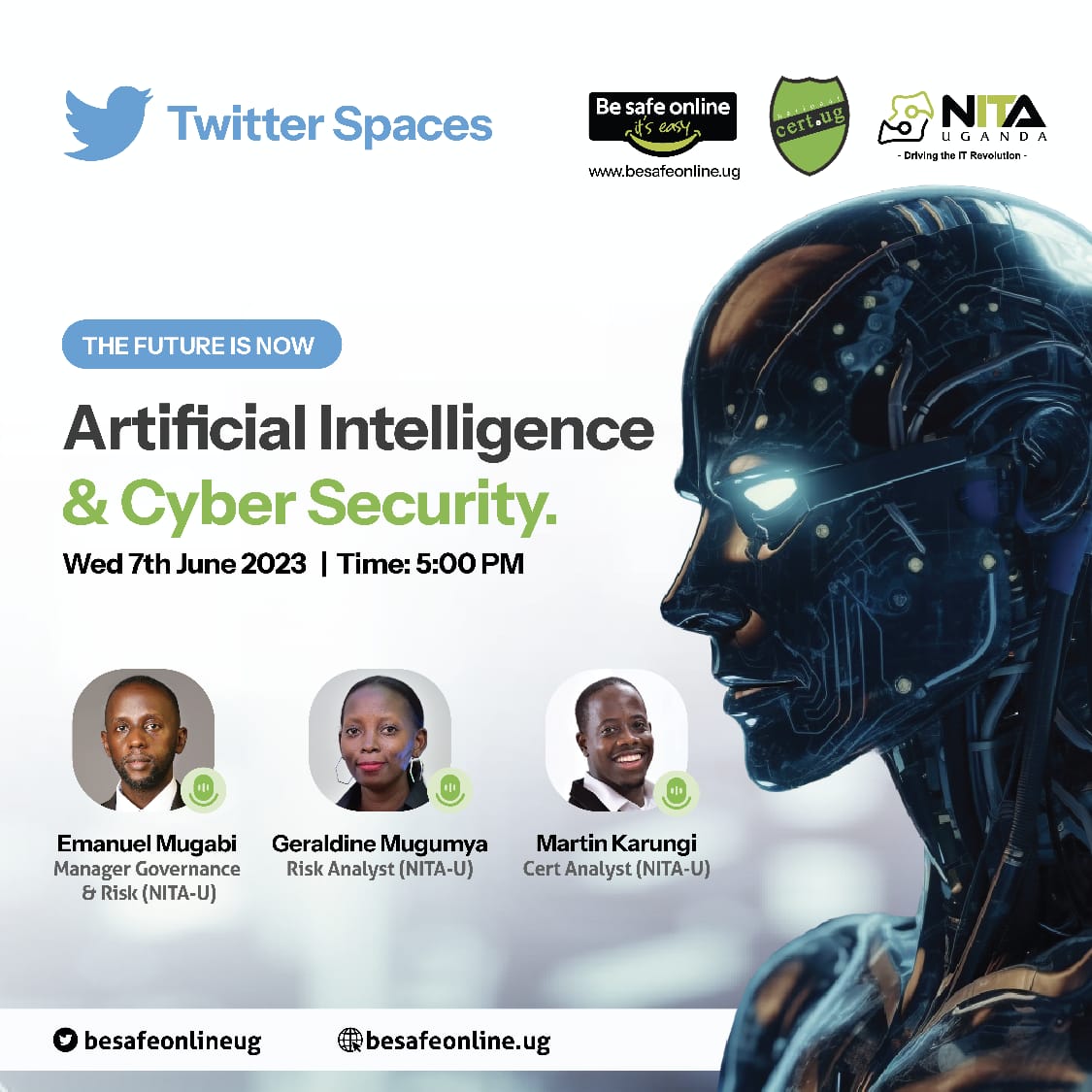 NITAUganda1's tweet photo. Join us today as we discuss Artificial Intelligence and Cyber Security at 5:00 PM
#besafeonlineug
#DigitzeUG https://t.co/Dnb8v3sbum