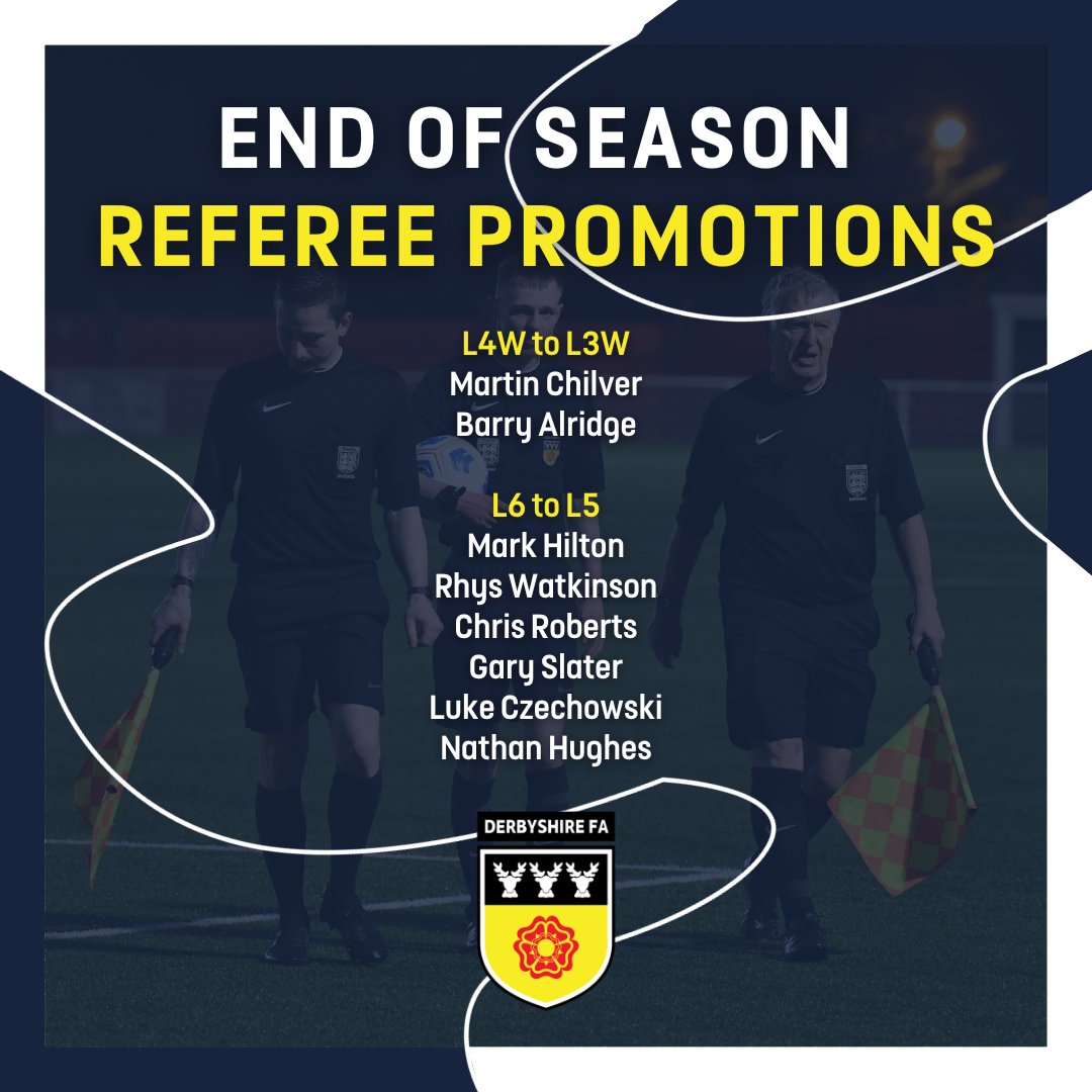 DerbyshireFA's tweet photo. 𝐄𝐧𝐝 𝐨𝐟 𝐒𝐞𝐚𝐬𝐨𝐧 𝐑𝐞𝐟𝐞𝐫𝐞𝐞 𝐏𝐫𝐨𝐦𝐨𝐭𝐢𝐨𝐧𝐬 📈

A huge congratulations to the following match officials on achieving promotion this season. 👏

2/2 https://t.co/v0jYLDg1pL