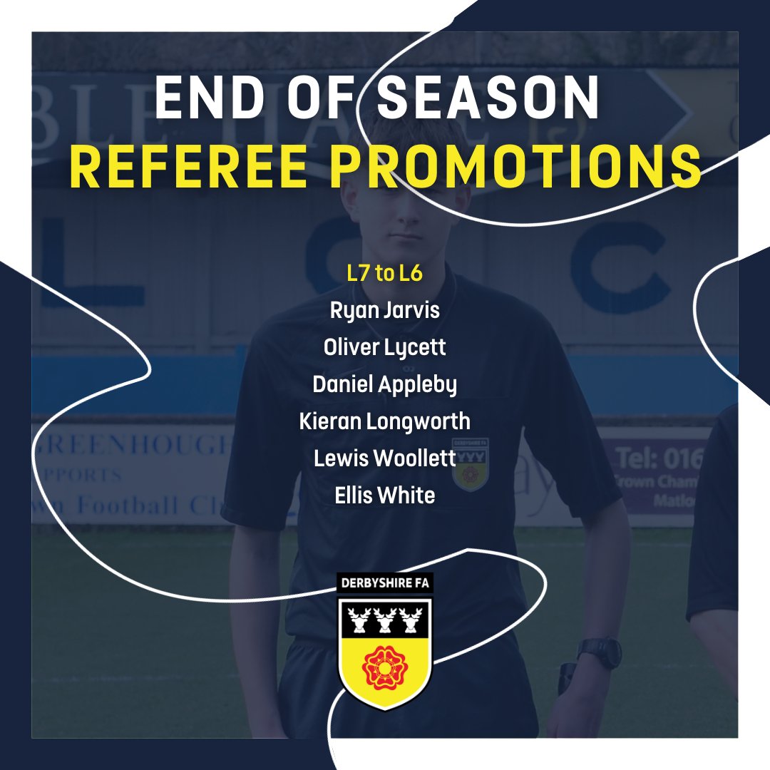 DerbyshireFA's tweet photo. 𝐄𝐧𝐝 𝐨𝐟 𝐒𝐞𝐚𝐬𝐨𝐧 𝐑𝐞𝐟𝐞𝐫𝐞𝐞 𝐏𝐫𝐨𝐦𝐨𝐭𝐢𝐨𝐧𝐬 📈

A huge congratulations to the following match officials on achieving promotion this season. 👏

2/2 https://t.co/v0jYLDg1pL
