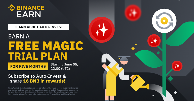 binance's tweet photo. Challenge yourself with the #Binance Auto-Invest $MAGIC quiz to receive a free 5-month Auto-Invest MAGIC plan.

Auto-Invest subscribers can also win a share of 16 #BNB in Token Vouchers.

More details ⤵️