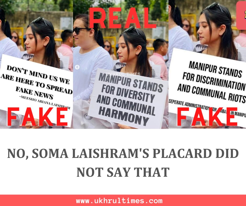 #UTFactCheck: The placard Soma Laishram holding in a peace rally at Delhi's #JantarMantar has been seen photoshoped more than once on social media. Her real placard reads, 'Manipur stands for diversity and communal harmony.' #ManipurViolence #SomaLaishram #Manipur