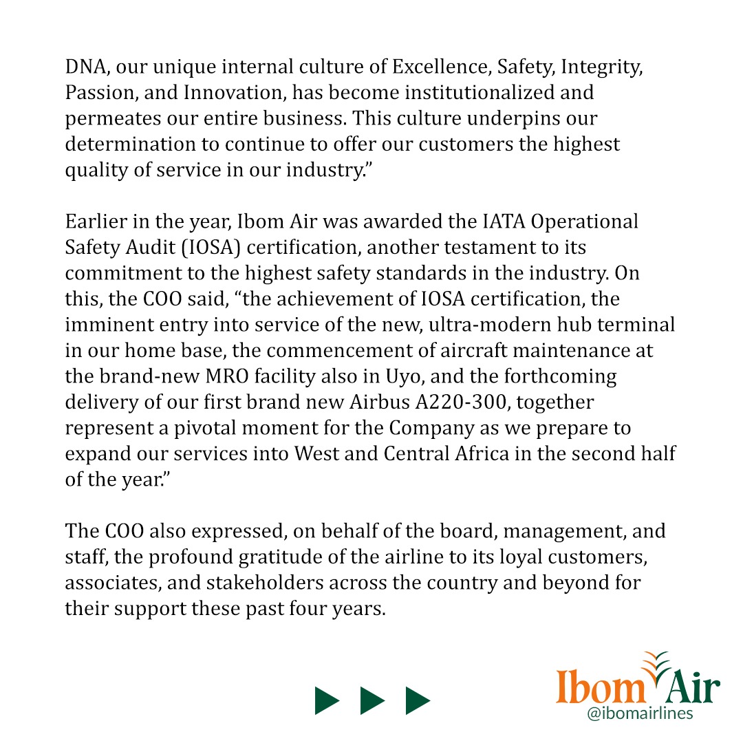 ibomairlines's tweet photo. PRESS RELEASE

IBOM AIR MARKS ITS 4TH ANNIVERSARY

[Uyo, Nigeria - June 7, 2023] – On the 7th of June 2019, exactly four years ago, Ibom Air took to the skies on its inaugural flight from Uyo to Lagos, armed with a vision to offer industry-leading schedule reliability, https://t.co/oMDhJs3qkH