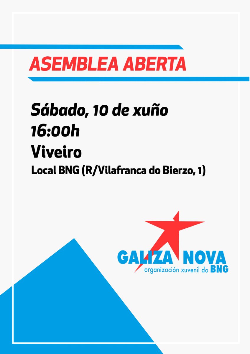 Ampliar a base social para construír o cambio galego, dende a mocidade, dende A Mariña 💟

Pasádevos este sábado polo local do BNG Viveiro! :)