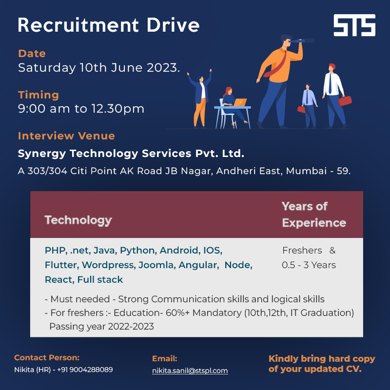 📢 Calling all Freshers! Join us on Sat 10th June for an exciting recruitment drive at Synergy Technology Services! 🎉
.
.
#SynergyTechRecruits #FreshersDrive #TechCareerOpportunity #JoinSynergy #FutureTechLeaders #CareerGrowth #InnovationAtWork #CollaborateAndExcel