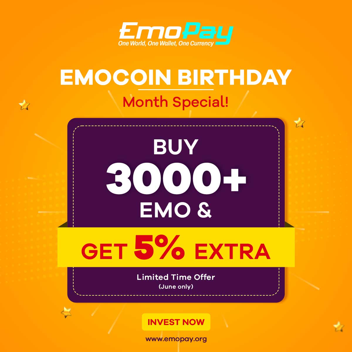 ⏰ Act fast, this special offer is only available for the month of June!
Don't miss out! ⌛️

Buy now at emopay.org

#EmoCoinBirthdayMonth #SpecialOffer #invest #InvestNow #Emocoin #JuneOnly #cryptocurrency #Growth #trading #Crypto #ExtraBonus #Emopay #Wednesdayvibe