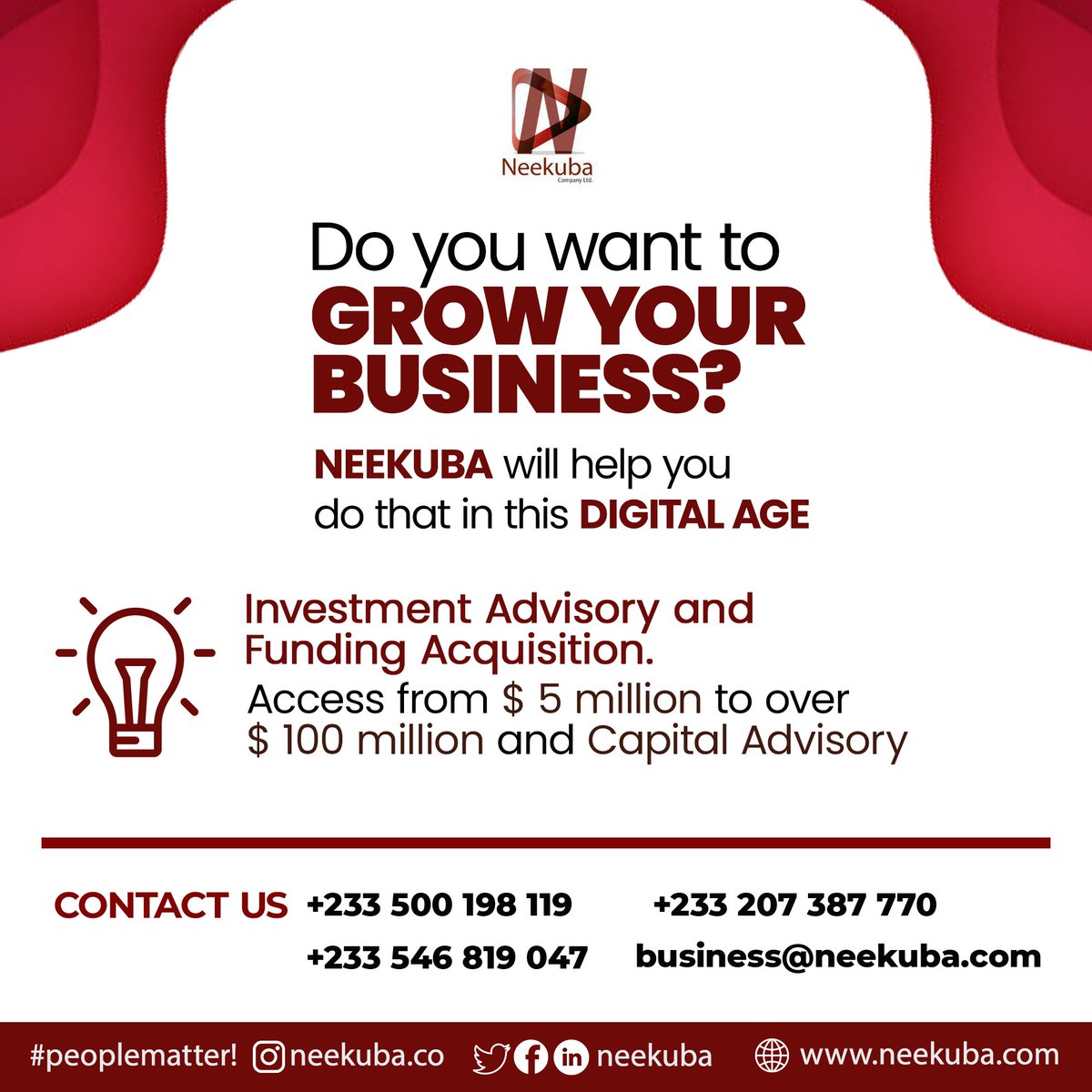 Grow your business profitably in a digital age? 

Contact us: business@neekuba.com

#neekuba #peoplematter #business #digitalage #digital #profitable #investment #advisory #funding #businessdevelopment #managementconsultancy #management #consultancy