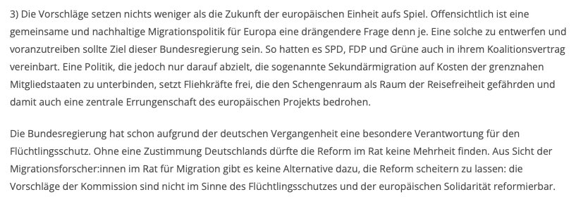 (2) Für den Rat für Migration gibt es keine Alternative dazu die Reform des #GEAS scheitern zu lassen.