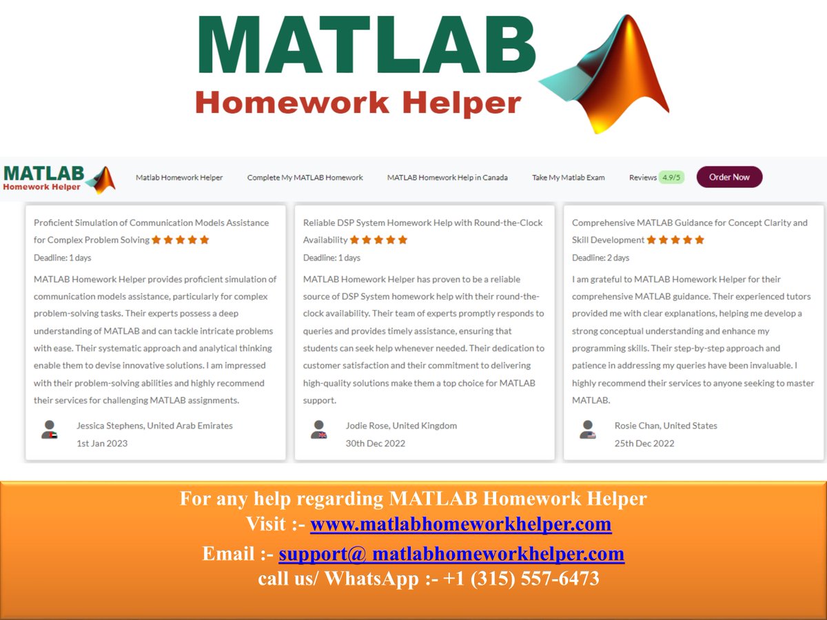 matlabhwhelper's tweet image. Discover the power of real feedback! Our website proudly presents genuine and verified reviews from satisfied clients. Uncover their experiences and see why we're the trusted choice for top-notch MATLAB homework help.
Read Reviews at: bit.ly/3Nhw7u3
#matlabhomeworkhelp