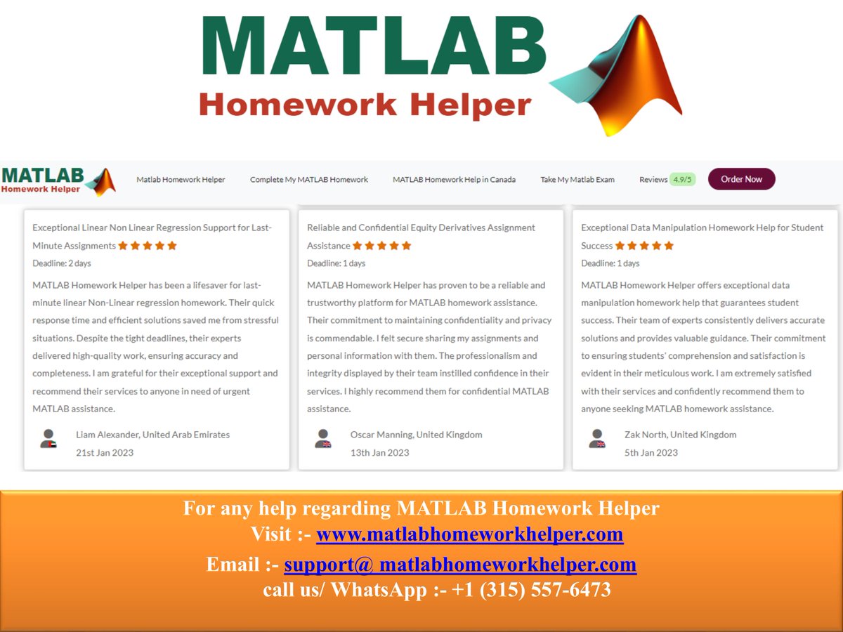 matlabhwhelper's tweet image. Discover the power of real feedback! Our website proudly presents genuine and verified reviews from satisfied clients. Uncover their experiences and see why we're the trusted choice for top-notch MATLAB homework help.
Read Reviews at: bit.ly/3Nhw7u3
#matlabhomeworkhelp