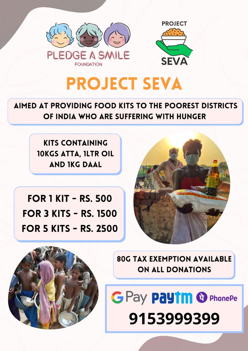 palanajog's tweet image. Hello everyone, I am workingfor Pledge A Smile Foundation and raising awareness for Project SEVA, which also looks upon the basic needs of underprivileged people who are finding it hard to procure even a single meal a day. 
#pledgeasmilefoundation #Donations #helpdonate #today