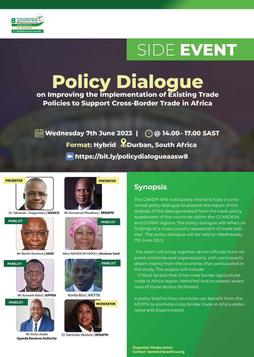 Be part of this policy dialogue. 

Join via bit.ly/policydialogue…

#AfCFTA
#AASW8
#CCARDESA
#SADC
#ANAPRI
#policydialogue