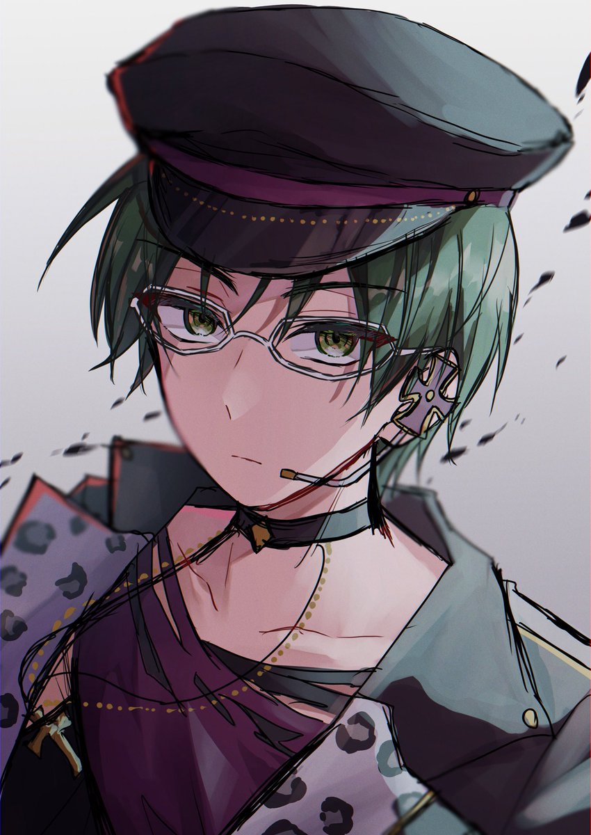 solo male focus 1boy hat green hair glasses jewelry  illustration images