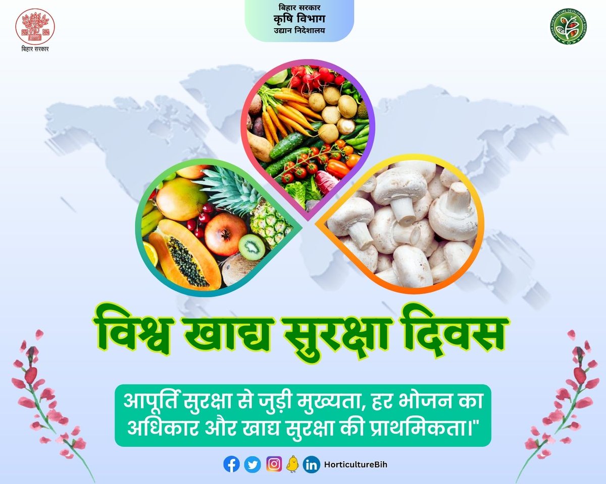 HorticultureBih's tweet image. विश्व खाद्य सुरक्षा दिवस के अवसर पर सभी लोगों को हार्दिक बधाई।
@KumarSarvjeet6
@dralokghosh
@Agribih
@AgriGoI
@saravanakr_n
@Rajenderb1995
@abhitwittt 
#StaySafeEatSafe #FoodSecurityMatters #WorldFoodSafetyDay #foodforall #ZeroHunger #feedthehungry