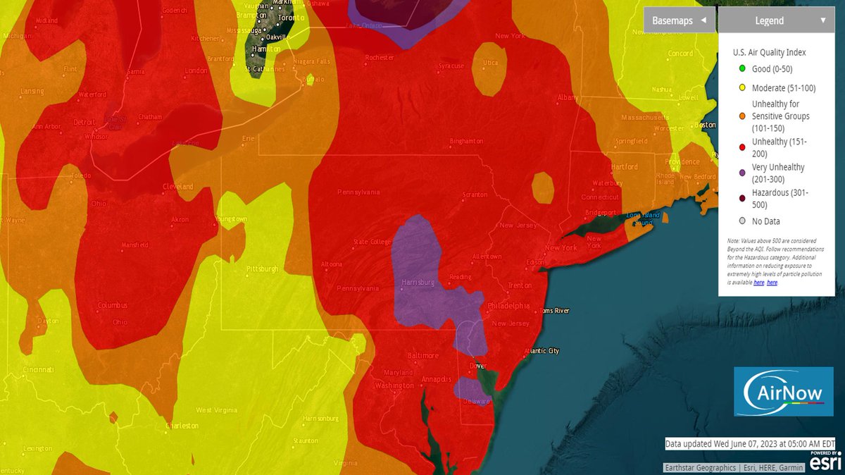 According to airnow.gov some of the worst air quality in the nation is over us this morning, ranging from "unhealthy" to "very unhealthy" across the eastern 2/3 of PA due to smoke from wildfires in Quebec 🔥. Avoid strenuous outdoor activity if possible. #PAwx
