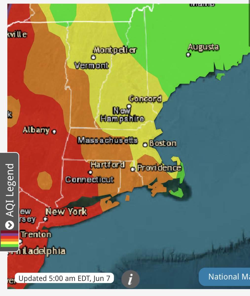 Smoky morning. In NYC it’s a whopping 100+ ug/m3. And even in Boston where it *looks* much better outside it’s still above 30.

For reference:
—> current health-based limit is 12
—> stricter proposed standard is 8
—> indoors at Harvard w upgraded filtration? < 5