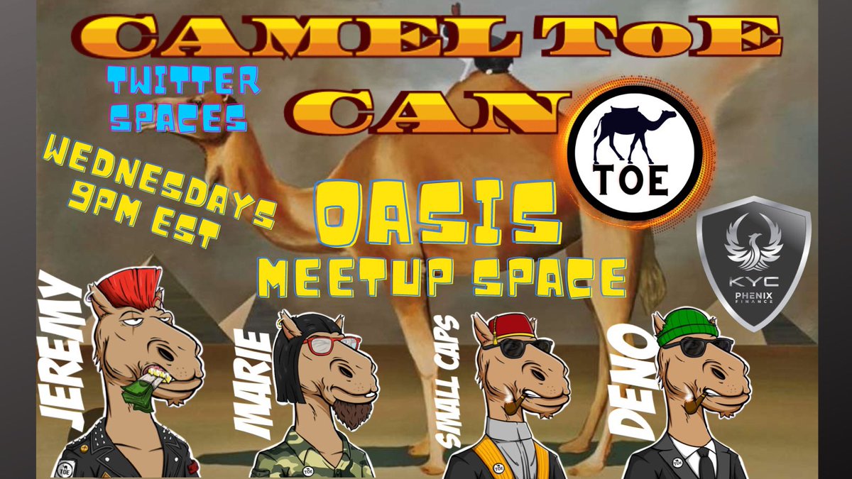 Join the Camel pak for another @cameltoecan Oasis space. With my CoHost @crypto_andream.
Every Wednesday 9PM EST Join the discussion. Updates, shop talk, day trading, and innovative ideas. Come chill. 
#ToE #Cro #crofam 
                     Spaces link…